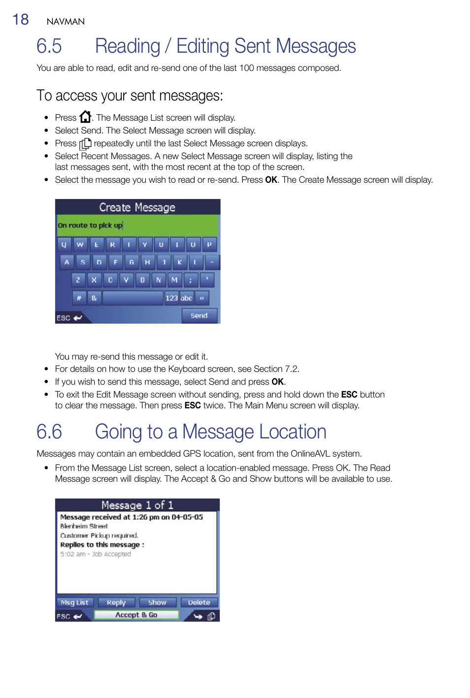 Reading / editing sent messages, Going to a message location, 5 reading / editing sent messages | 6 going to a message location | Navman M-Nav 650 User Manual | Page 18 / 84