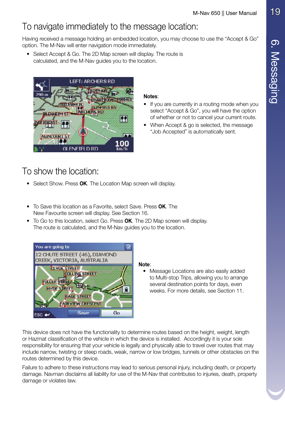 To navigate immediately to the message location, M es sa gin g, 19 to navigate immediately to the message location | Navman M-Nav 650 User Manual | Page 19 / 84