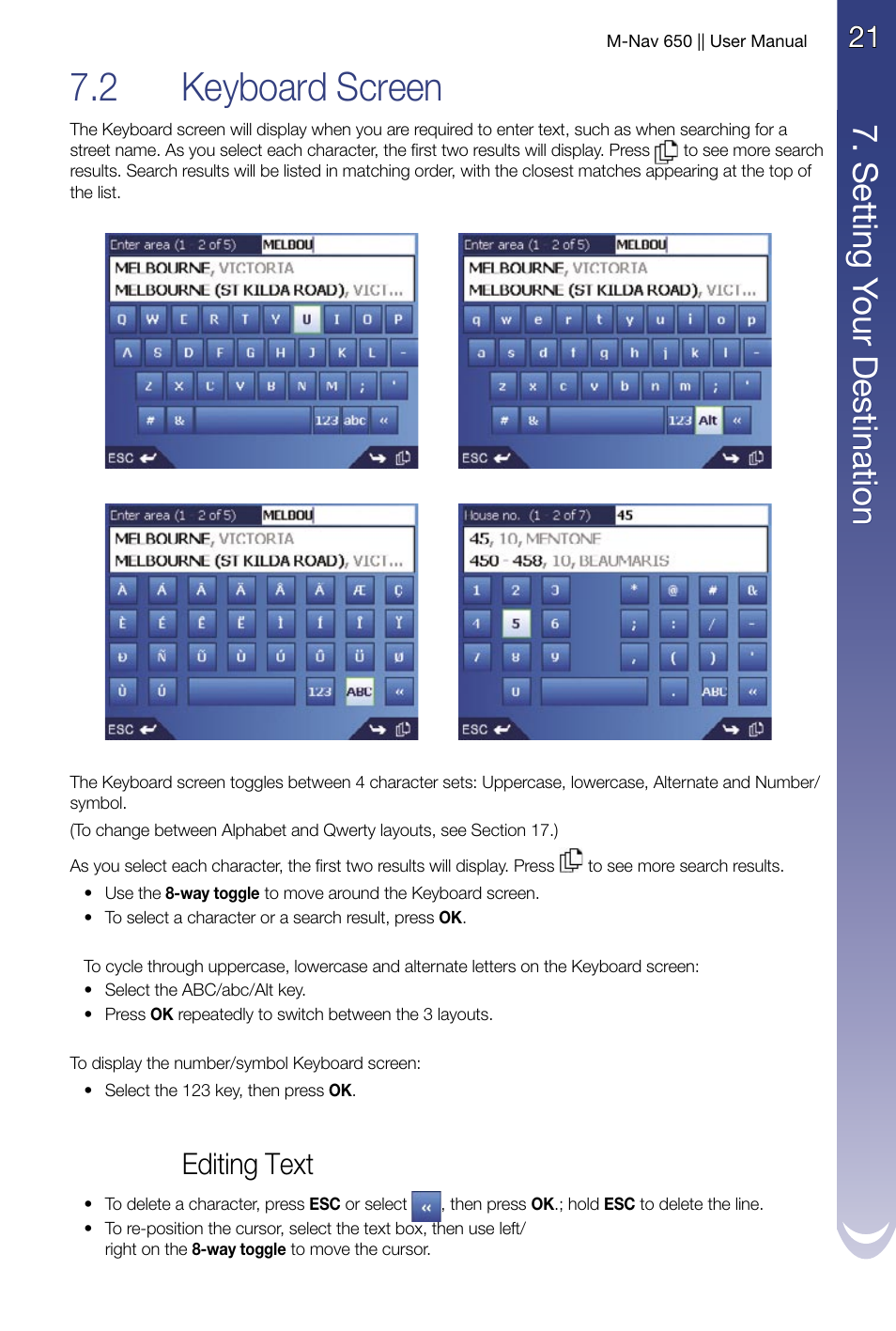 Keyboard screen, 2 keyboard screen, S ett in g y ou r d es tin ati on | Editing text | Navman M-Nav 650 User Manual | Page 21 / 84