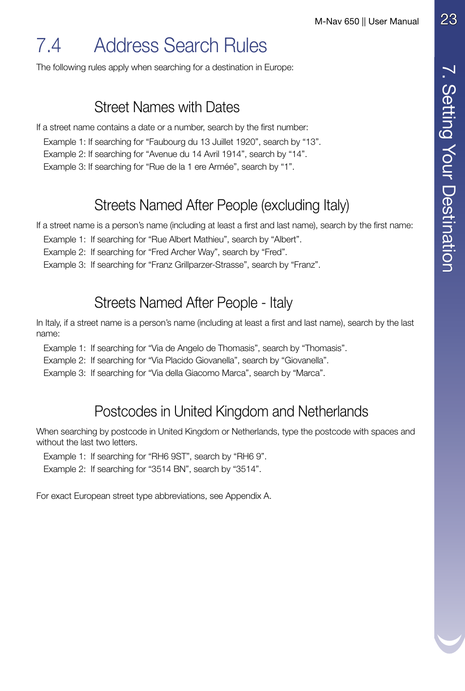 Address search rules, 4 address search rules, S ett in g y ou r d es tin ati on | Navman M-Nav 650 User Manual | Page 23 / 84