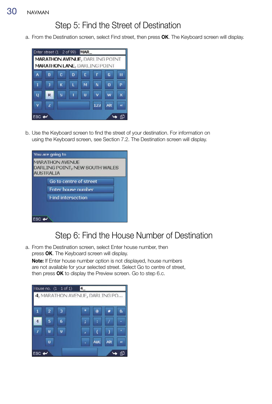 Step 5: find the street of destination, Step 6: find the house number of destination | Navman M-Nav 650 User Manual | Page 30 / 84