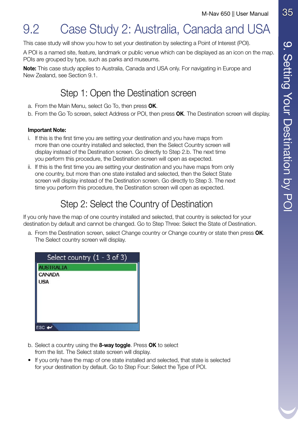 Case study 2: australia, canada and usa, 2 case study 2: australia, canada and usa, Step 1: open the destination screen | Step 2: select the country of destination | Navman M-Nav 650 User Manual | Page 35 / 84