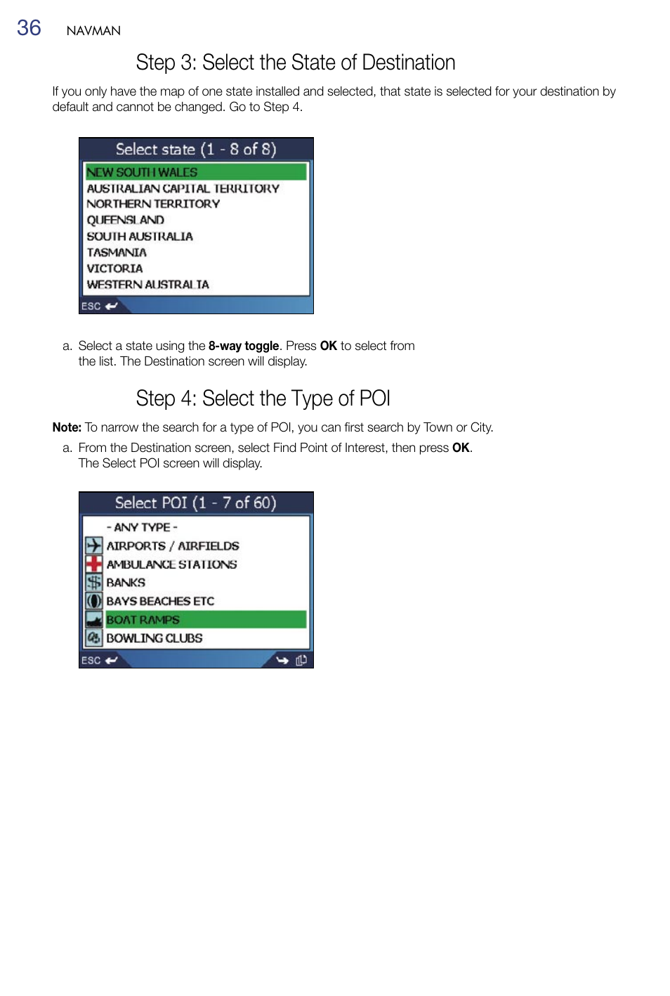 Step 3: select the state of destination, Step 4: select the type of poi | Navman M-Nav 650 User Manual | Page 36 / 84