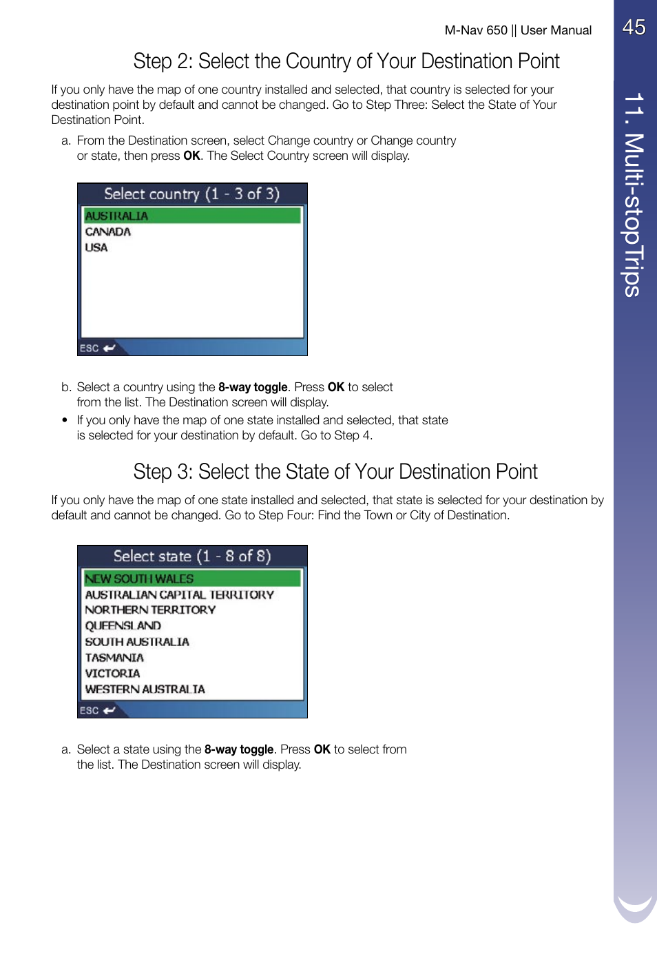 11 . m ult i-s to pt rip s, Step 3: select the state of your destination point | Navman M-Nav 650 User Manual | Page 45 / 84