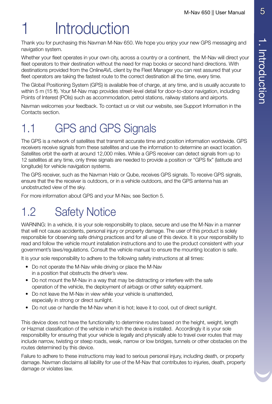 1 introduction, Gps and gps signals, Safety notice | 1introduction, 1 gps and gps signals, 2 safety notice | Navman M-Nav 650 User Manual | Page 5 / 84