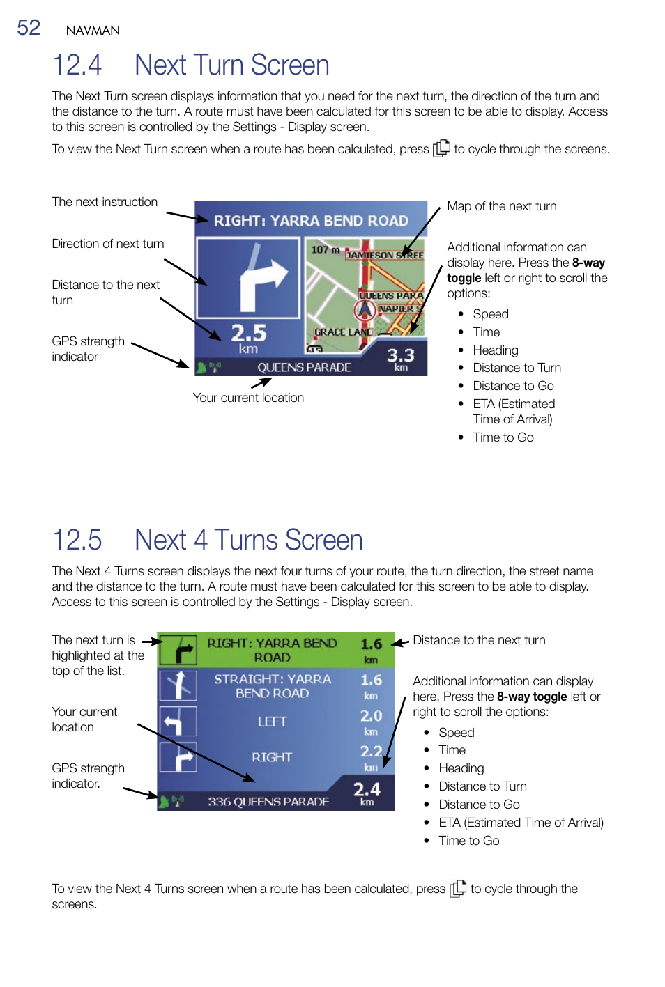 Next turn screen, Next 4 turns screen, 4 next turn screen | 5 next 4 turns screen | Navman M-Nav 650 User Manual | Page 52 / 84