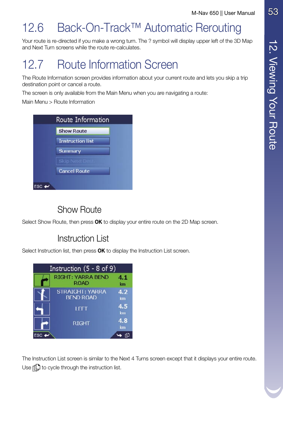 Back-on-track™ automatic rerouting, Route information screen, 6 back-on-track™ automatic rerouting | 7 route information screen, 12 . v ie w in g y ou r r ou te | Navman M-Nav 650 User Manual | Page 53 / 84