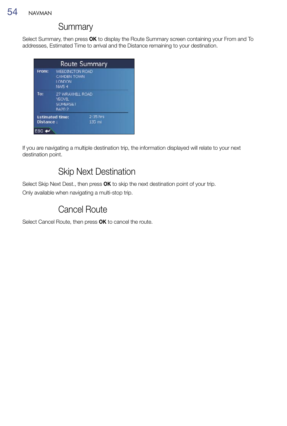 Summary, Skip next destination, Cancel route | Navman M-Nav 650 User Manual | Page 54 / 84