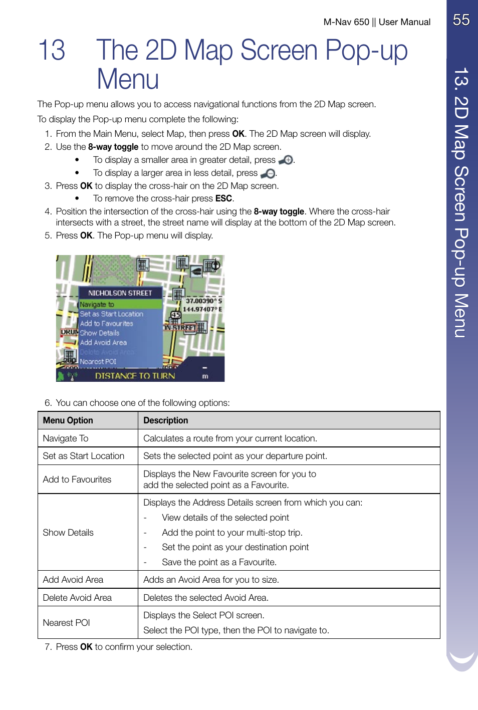 13 the 2d map screen pop-up menu, 13 . 2 d m ap s cre en p op -u p m en u | Navman M-Nav 650 User Manual | Page 55 / 84