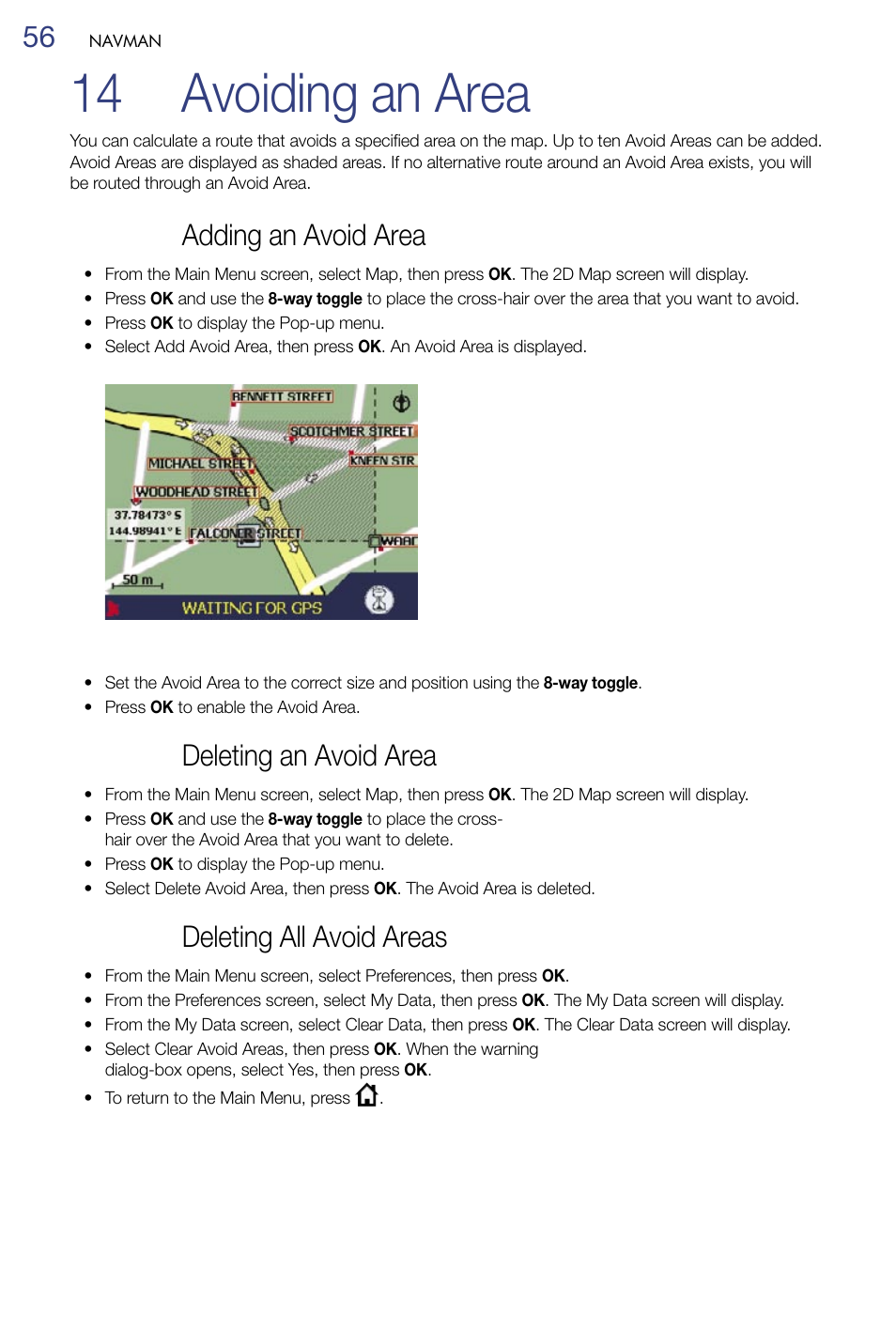 14 avoiding an area, Adding an avoid area, Deleting an avoid area | Deleting all avoid areas | Navman M-Nav 650 User Manual | Page 56 / 84