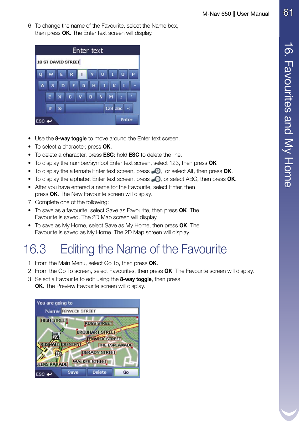 Editing the name of the favourite, 3 editing the name of the favourite | Navman M-Nav 650 User Manual | Page 61 / 84