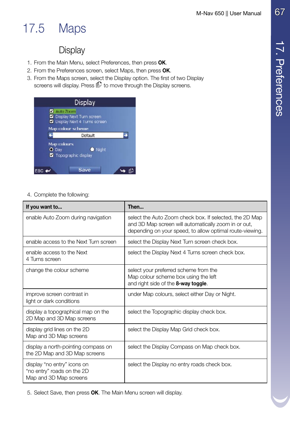 Maps, Display, 5 maps | 17 . p re fe re nc es | Navman M-Nav 650 User Manual | Page 67 / 84