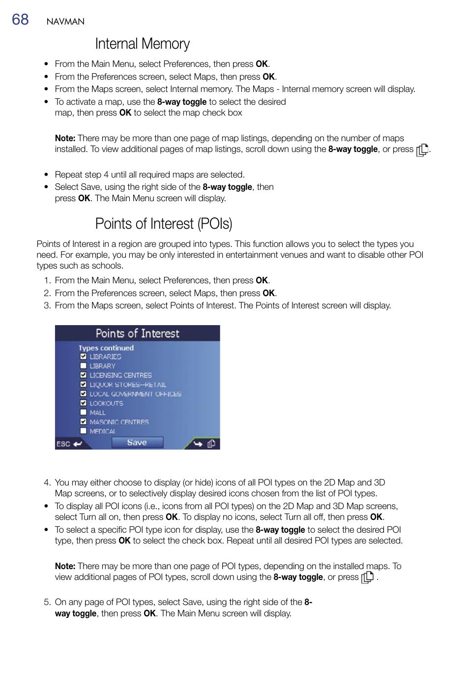 Internal memory, Points of interest (pois) | Navman M-Nav 650 User Manual | Page 68 / 84