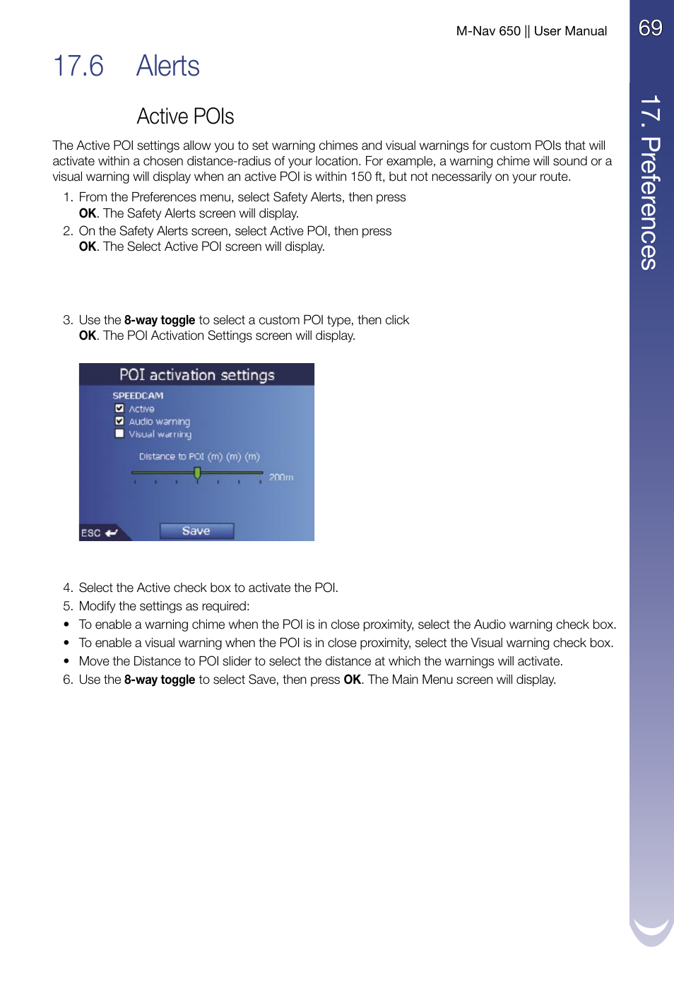 Alerts, Active pois, 6 alerts | 17 . p re fe re nc es | Navman M-Nav 650 User Manual | Page 69 / 84