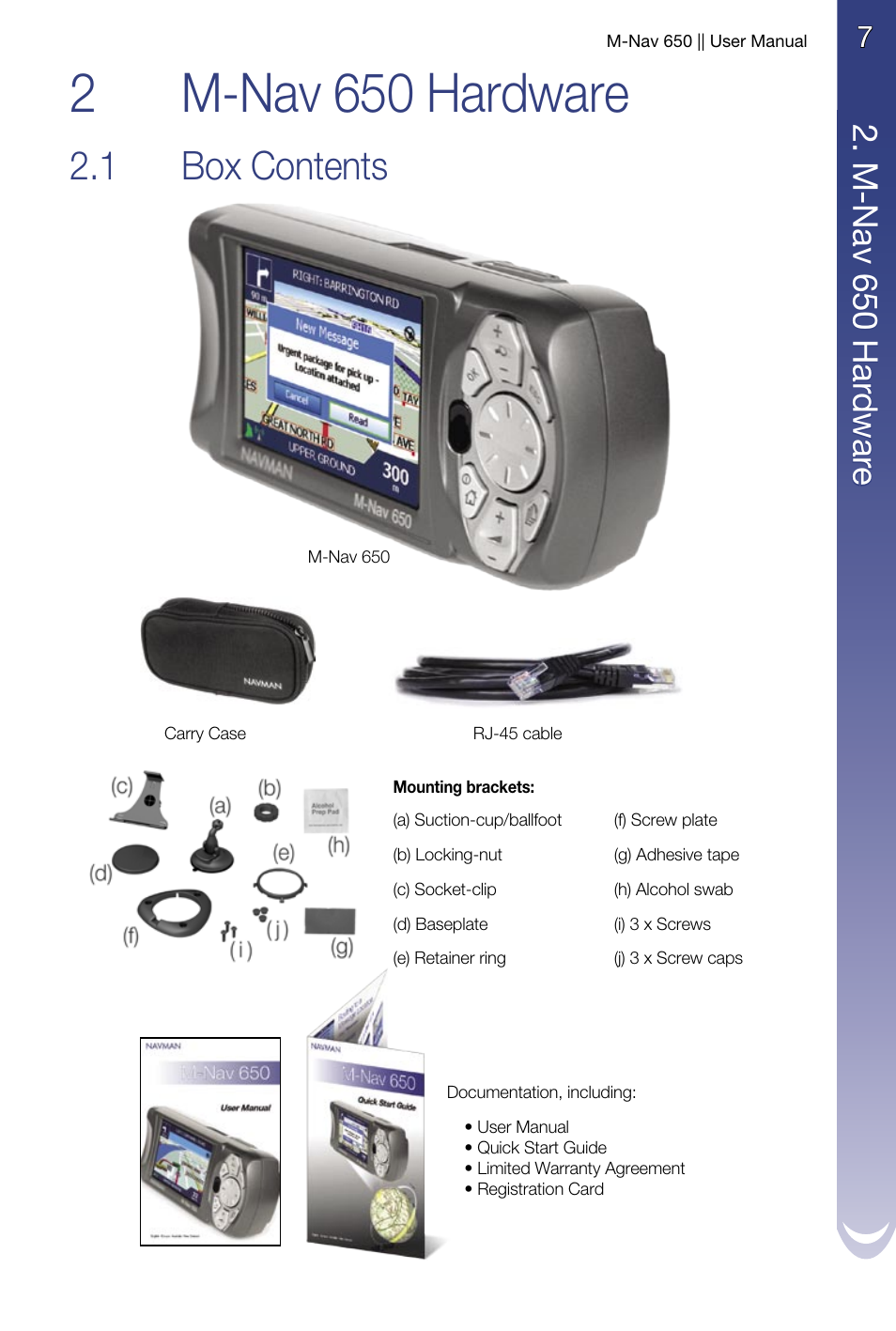 2 m-nav 650 hardware, Box contents, 2m-nav 650 hardware | 1 box contents, M -n av 6 50 h ard w are | Navman M-Nav 650 User Manual | Page 7 / 84