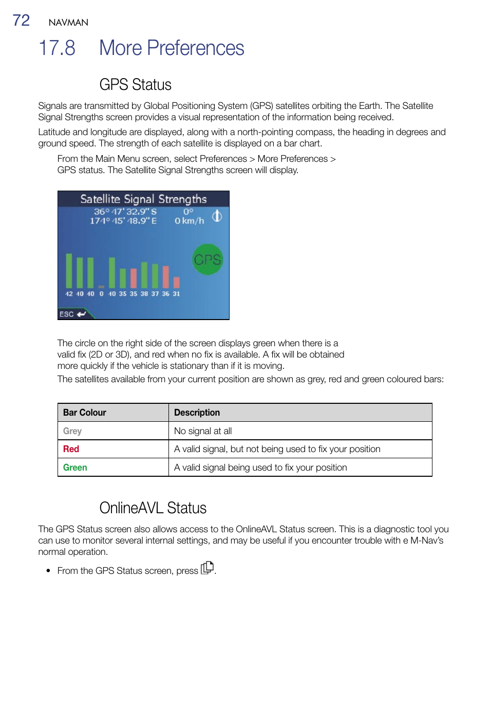 More preferences, Gps status, 8 more preferences | Onlineavl status | Navman M-Nav 650 User Manual | Page 72 / 84