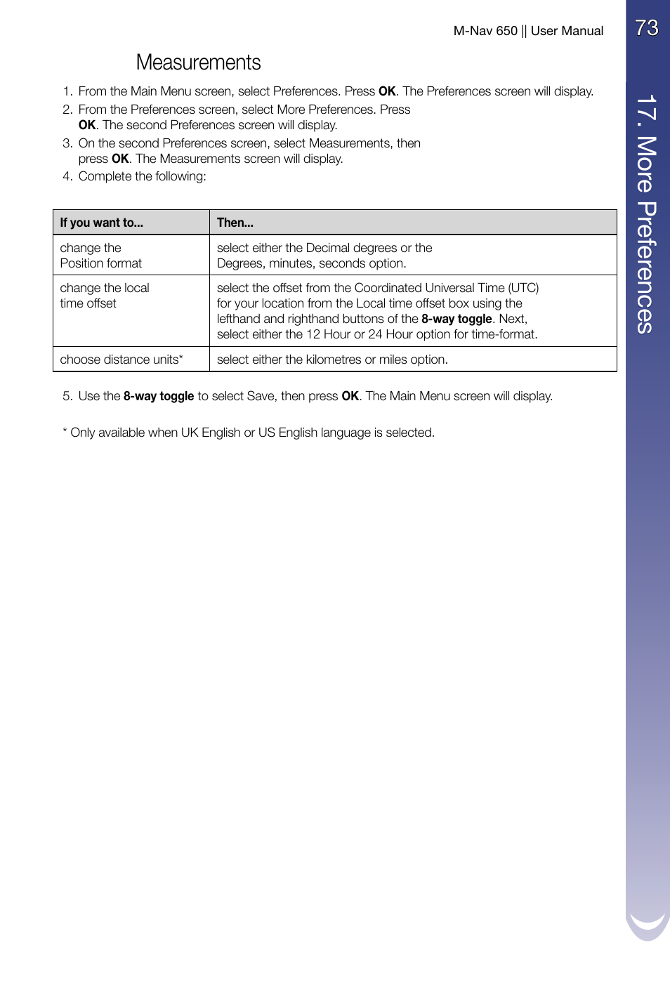 Measurements, 17 . m or e p re fe re nc es | Navman M-Nav 650 User Manual | Page 73 / 84