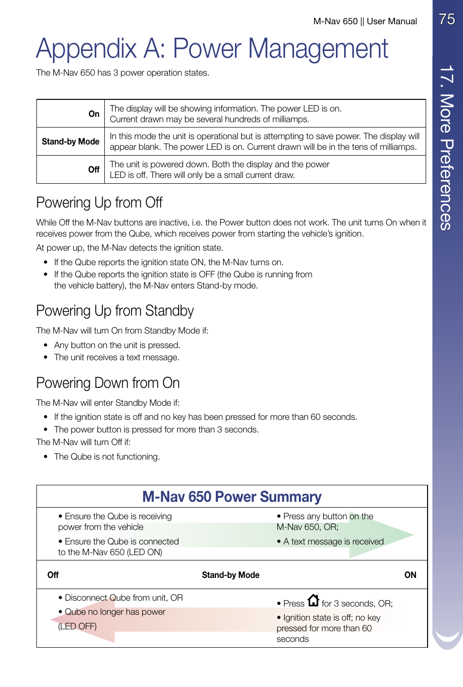 Appendix a: power management, Powering up from off, Powering up from standby | Powering down from on, 17 . m or e p re fe re nc es, M-nav 650 power summary | Navman M-Nav 650 User Manual | Page 75 / 84