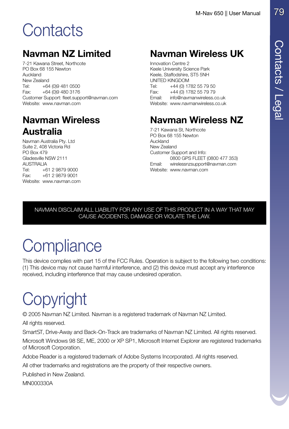 Contacts, Compliance, Copyright | Con ta cts / l eg al, 79 navman nz limited, Navman wireless australia, Navman wireless uk, Navman wireless nz | Navman M-Nav 650 User Manual | Page 79 / 84