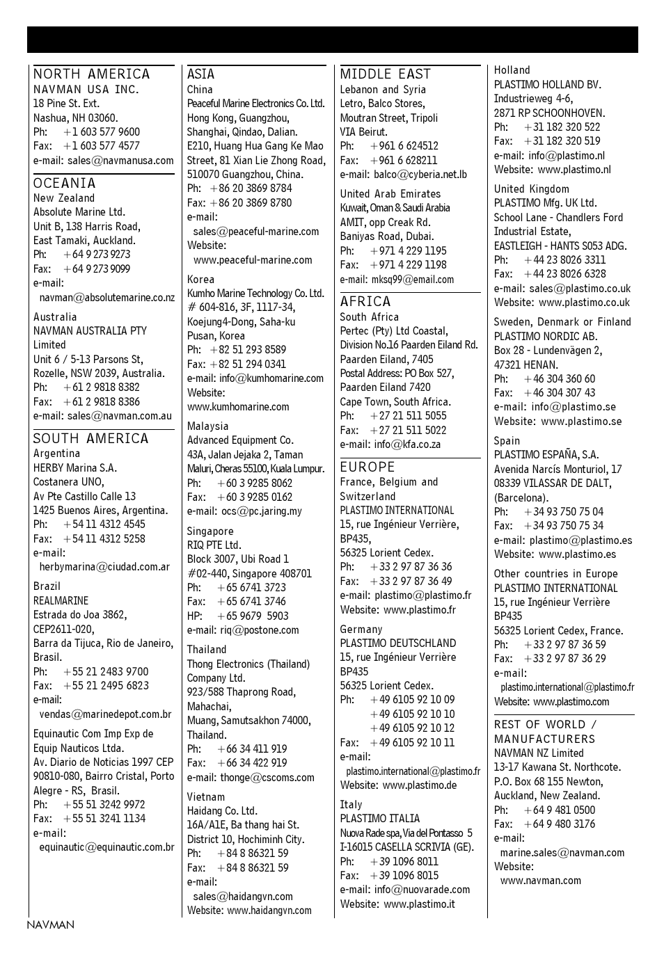 Appendix d - how to contact us, North america, Oceania | South america, Asia, Middle east, Africa, Europe | Navman 3100 User Manual | Page 15 / 16