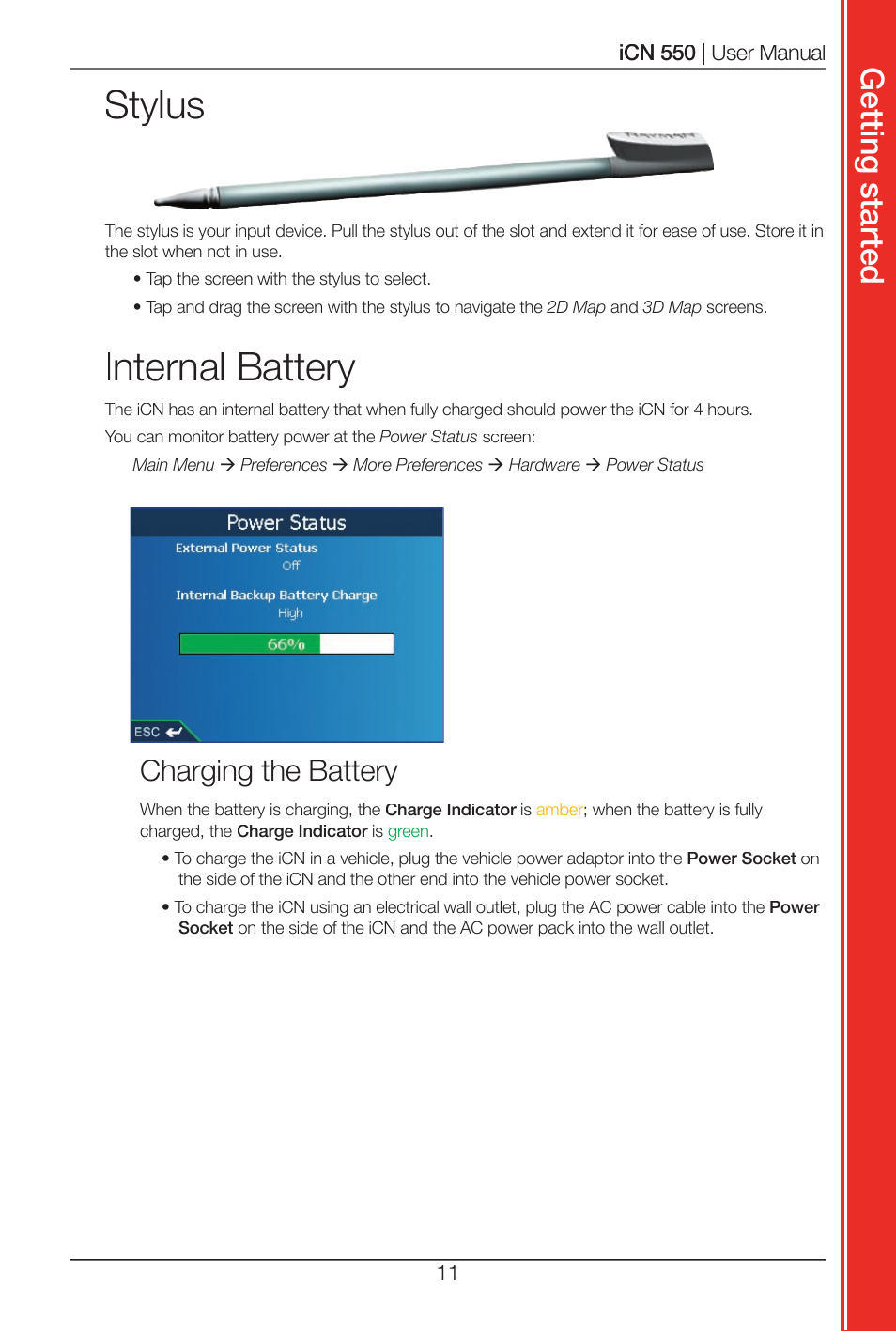 Stylus, Internal battery, Get tin g s ta rte d | Charging the battery | Navman ICN 550 User Manual | Page 11 / 72