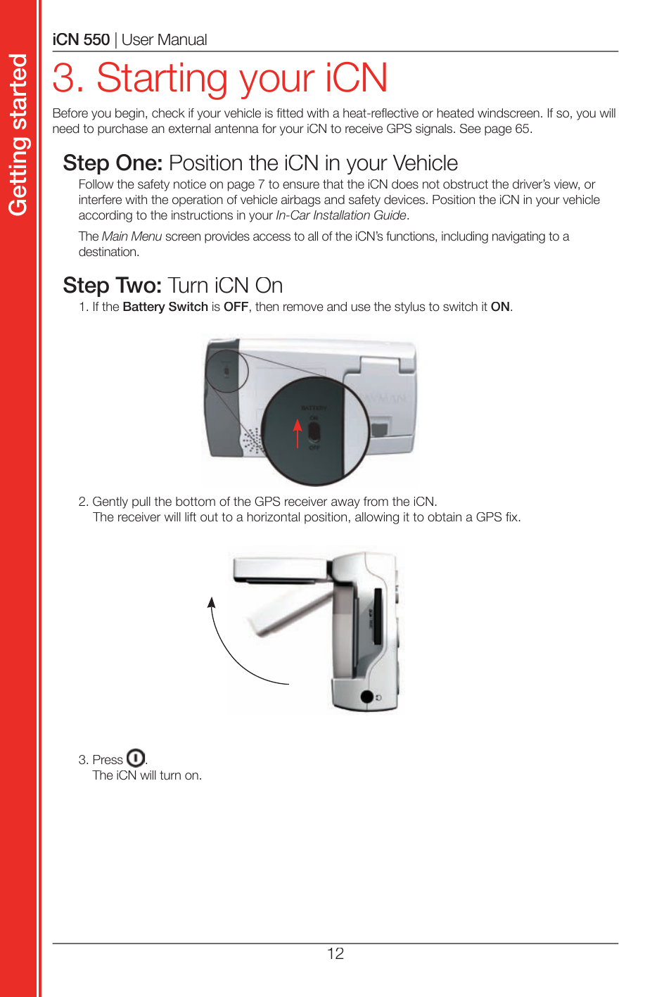 Starting your icn, Get tin g st ar te d | Navman ICN 550 User Manual | Page 12 / 72