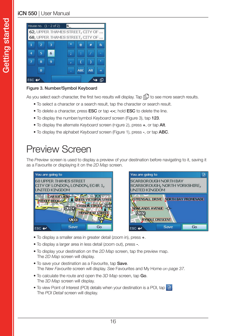 Preview screen, Get tin g st ar te d | Navman ICN 550 User Manual | Page 16 / 72