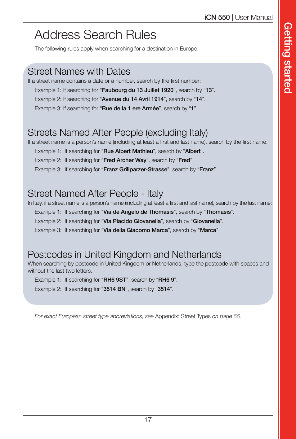 Address search rules, Get tin g s ta rte d, Street names with dates | Streets named after people (excluding italy), Street named after people - italy, Postcodes in united kingdom and netherlands | Navman ICN 550 User Manual | Page 17 / 72