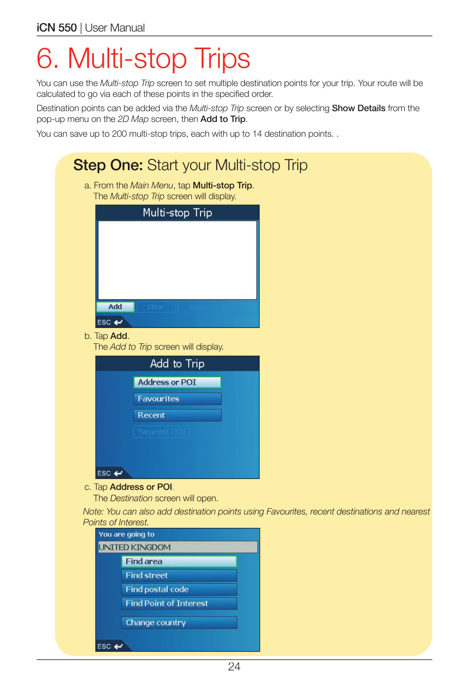 Multi-stop trips, Step one: start your multi-stop trip | Navman ICN 550 User Manual | Page 24 / 72