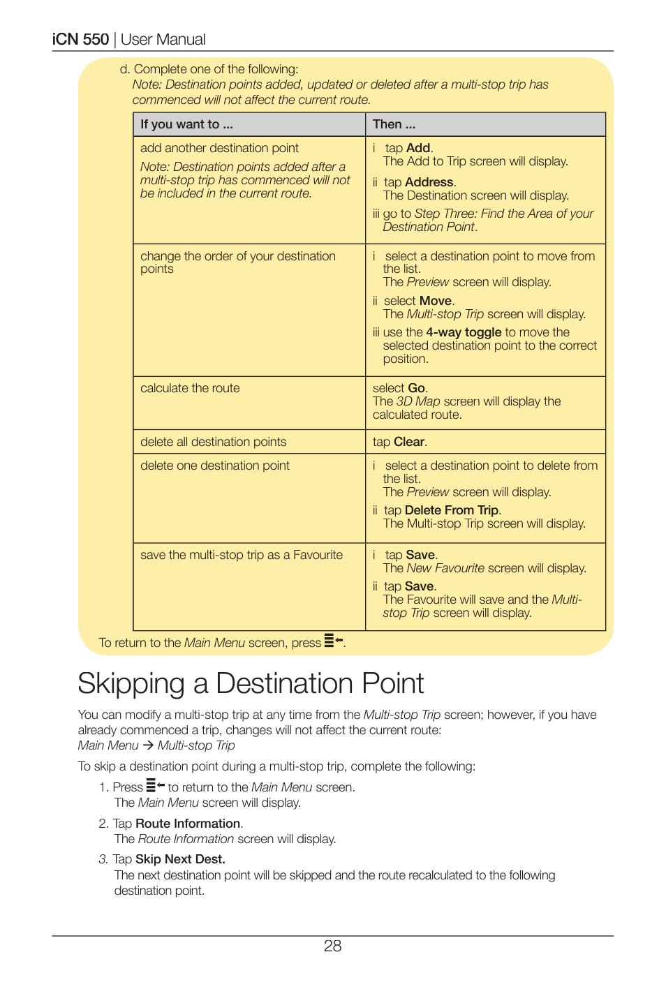 Skipping a destination point | Navman ICN 550 User Manual | Page 28 / 72