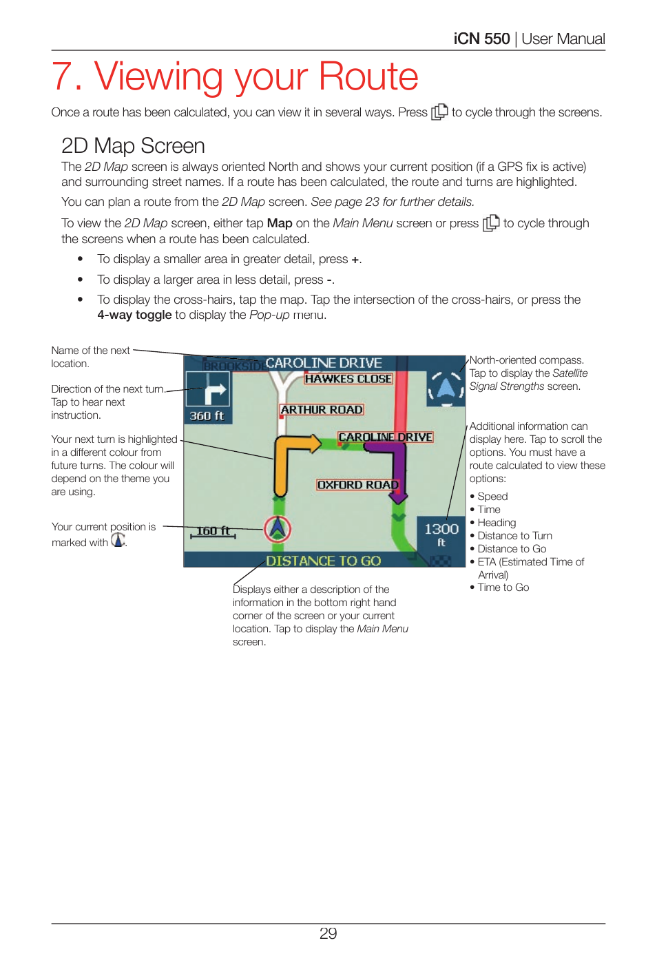 Viewing your route, 2d map screen | Navman ICN 550 User Manual | Page 29 / 72