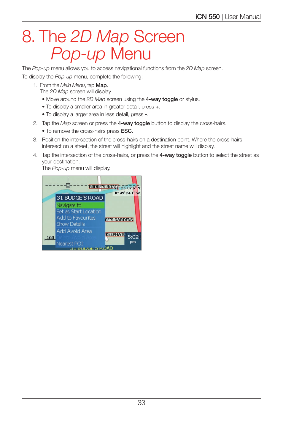 The 2d map screen pop-up menu | Navman ICN 550 User Manual | Page 33 / 72