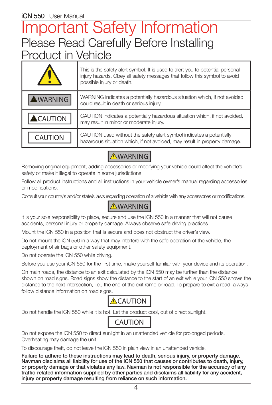 Important safety information | Navman ICN 550 User Manual | Page 4 / 72