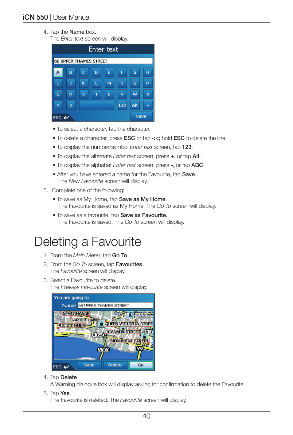 Deleting a favourite | Navman ICN 550 User Manual | Page 40 / 72