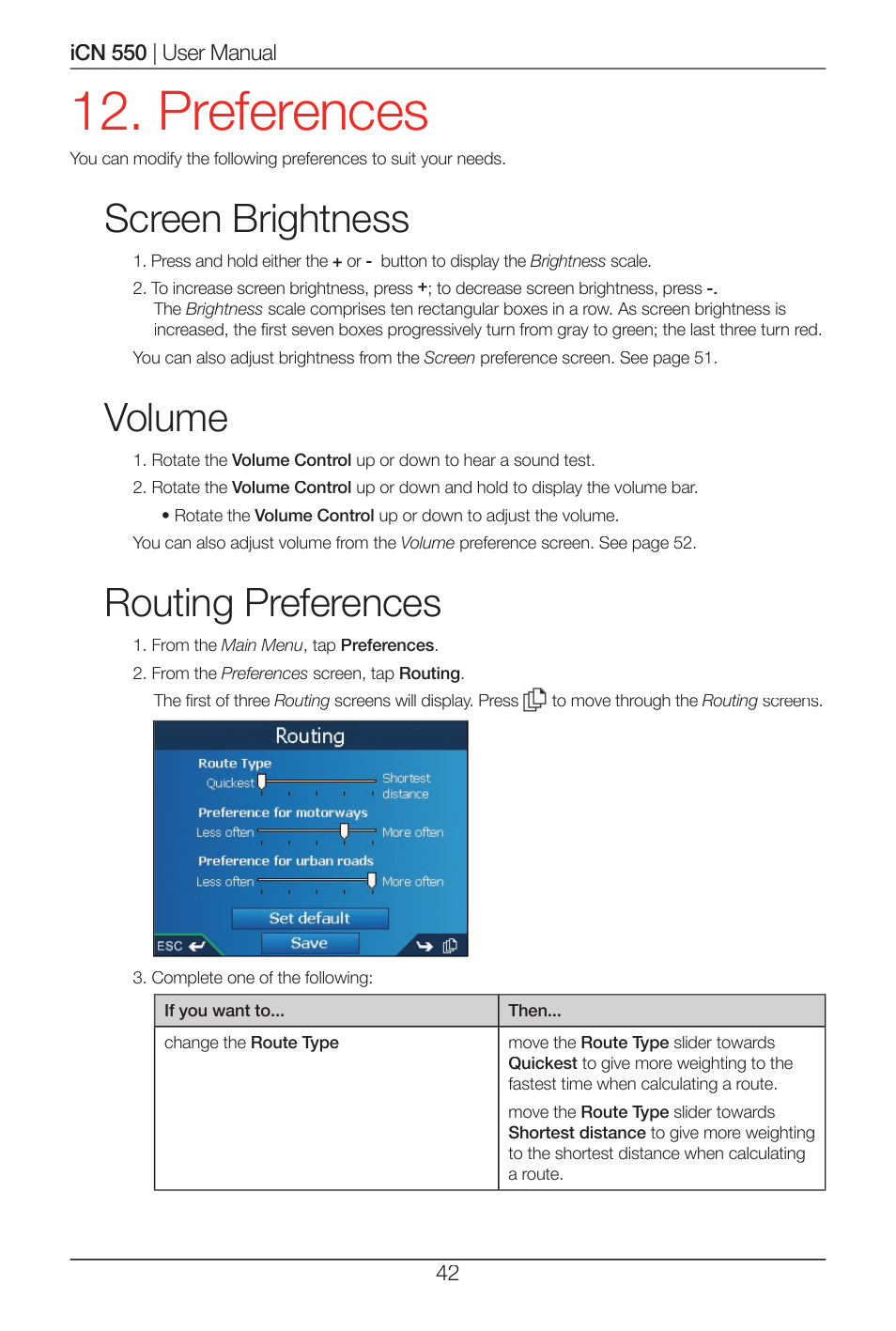 Preferences, Screen brightness, Volume | Routing preferences | Navman ICN 550 User Manual | Page 42 / 72