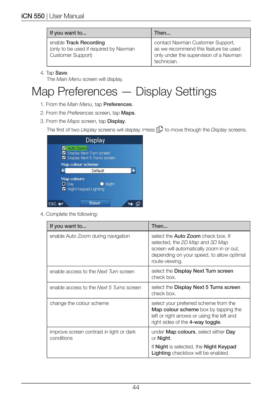 Map preferences — display settings | Navman ICN 550 User Manual | Page 44 / 72