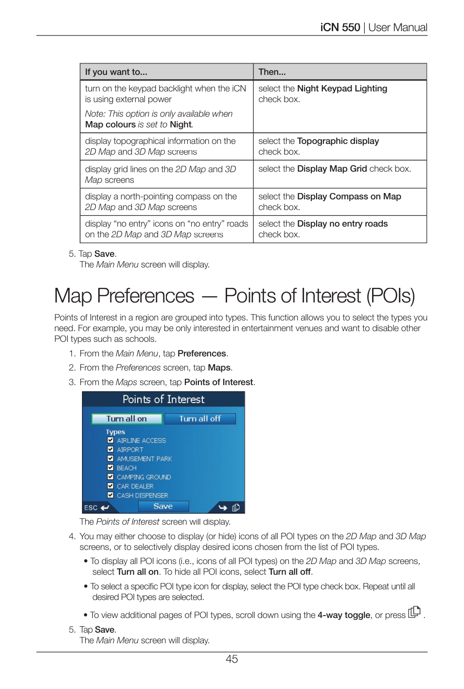 Map preferences — points of interest (pois) | Navman ICN 550 User Manual | Page 45 / 72