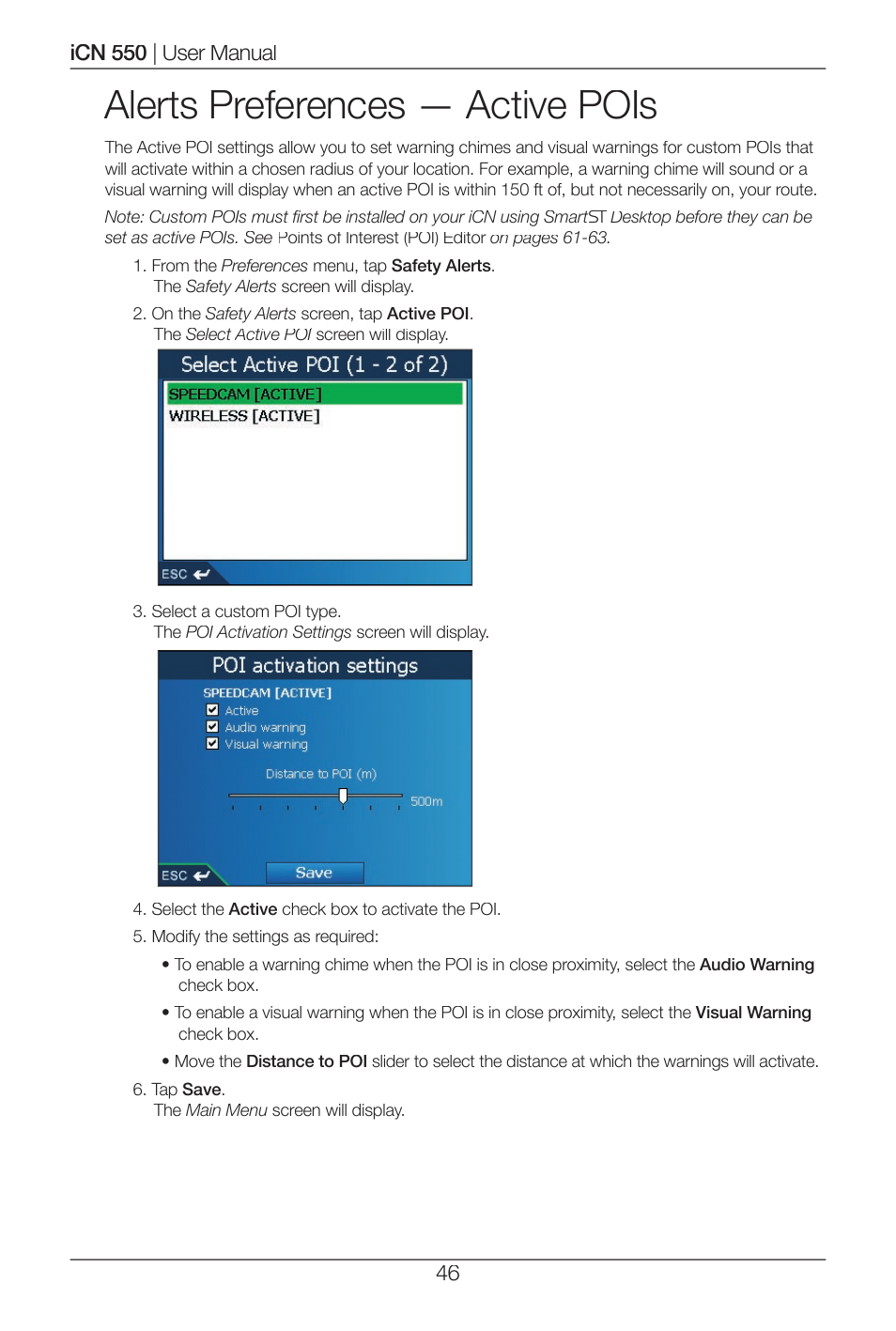 Alerts preferences — active pois | Navman ICN 550 User Manual | Page 46 / 72