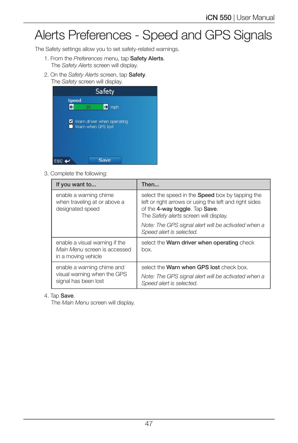 Alerts preferences - speed and gps signals | Navman ICN 550 User Manual | Page 47 / 72