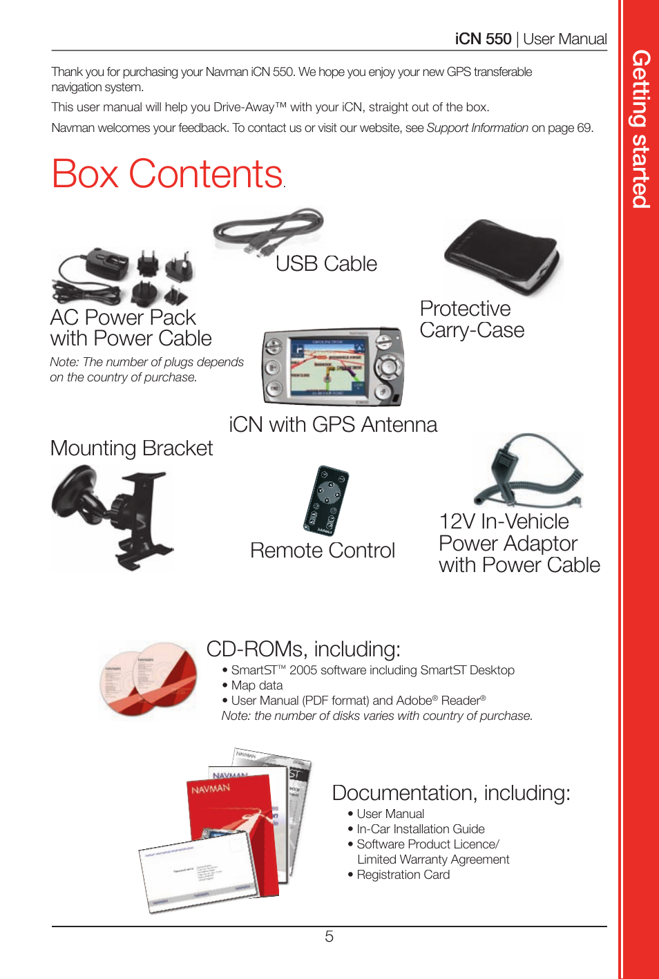Box contents, Get tin g s ta rte d, Ac power pack with power cable | Documentation, including, Remote control | Navman ICN 550 User Manual | Page 5 / 72