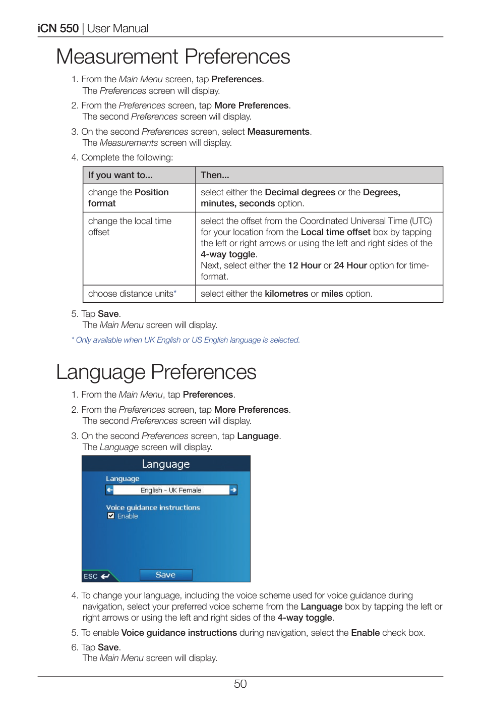 Measurement preferences, Language preferences | Navman ICN 550 User Manual | Page 50 / 72