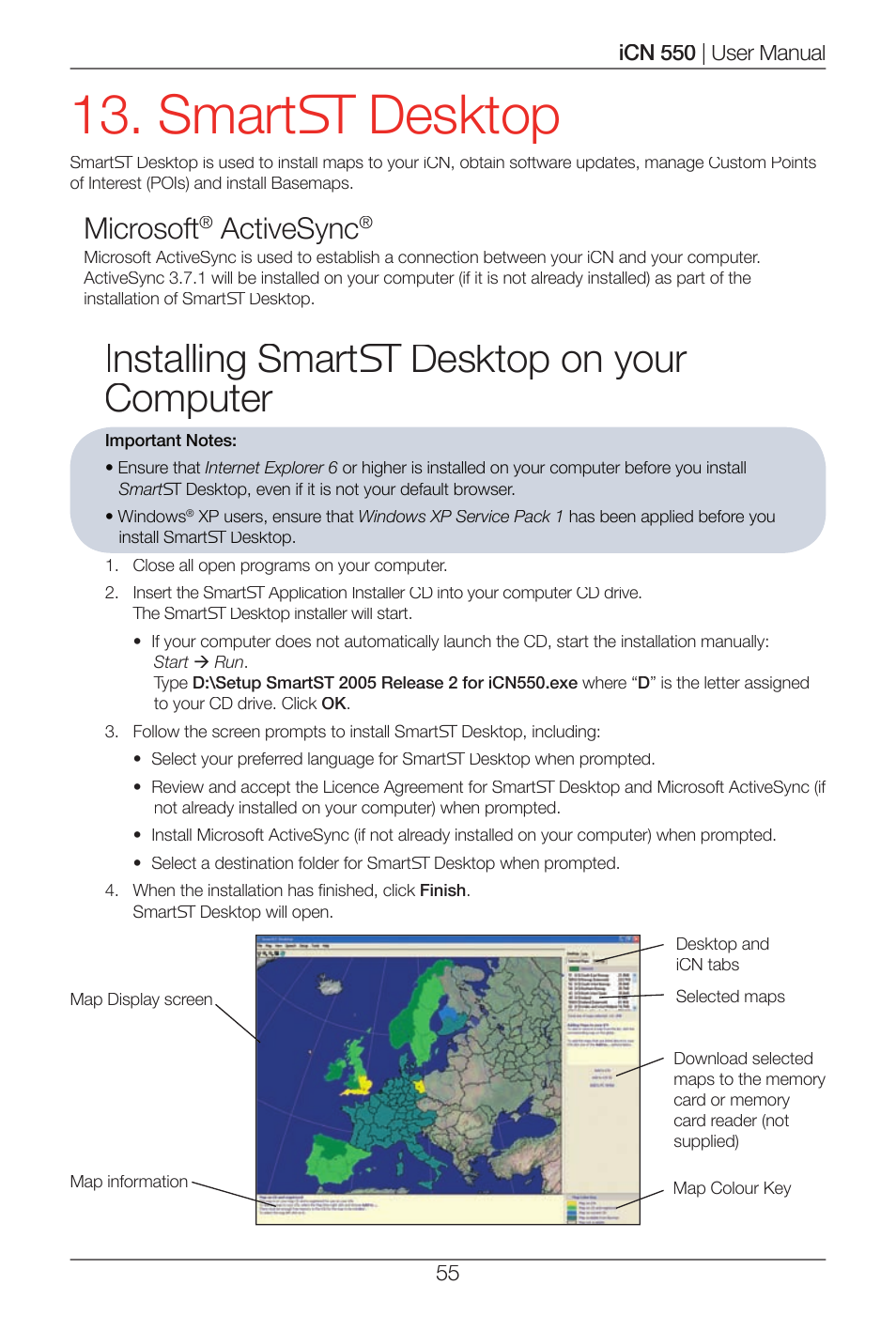 Smart desktop, Installing smart desktop on your   computer, Microsoft | Activesync | Navman ICN 550 User Manual | Page 55 / 72