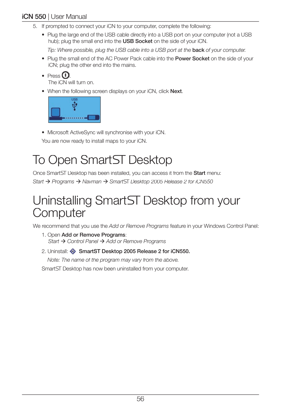 Uninstalling smart desktop from your   computer | Navman ICN 550 User Manual | Page 56 / 72
