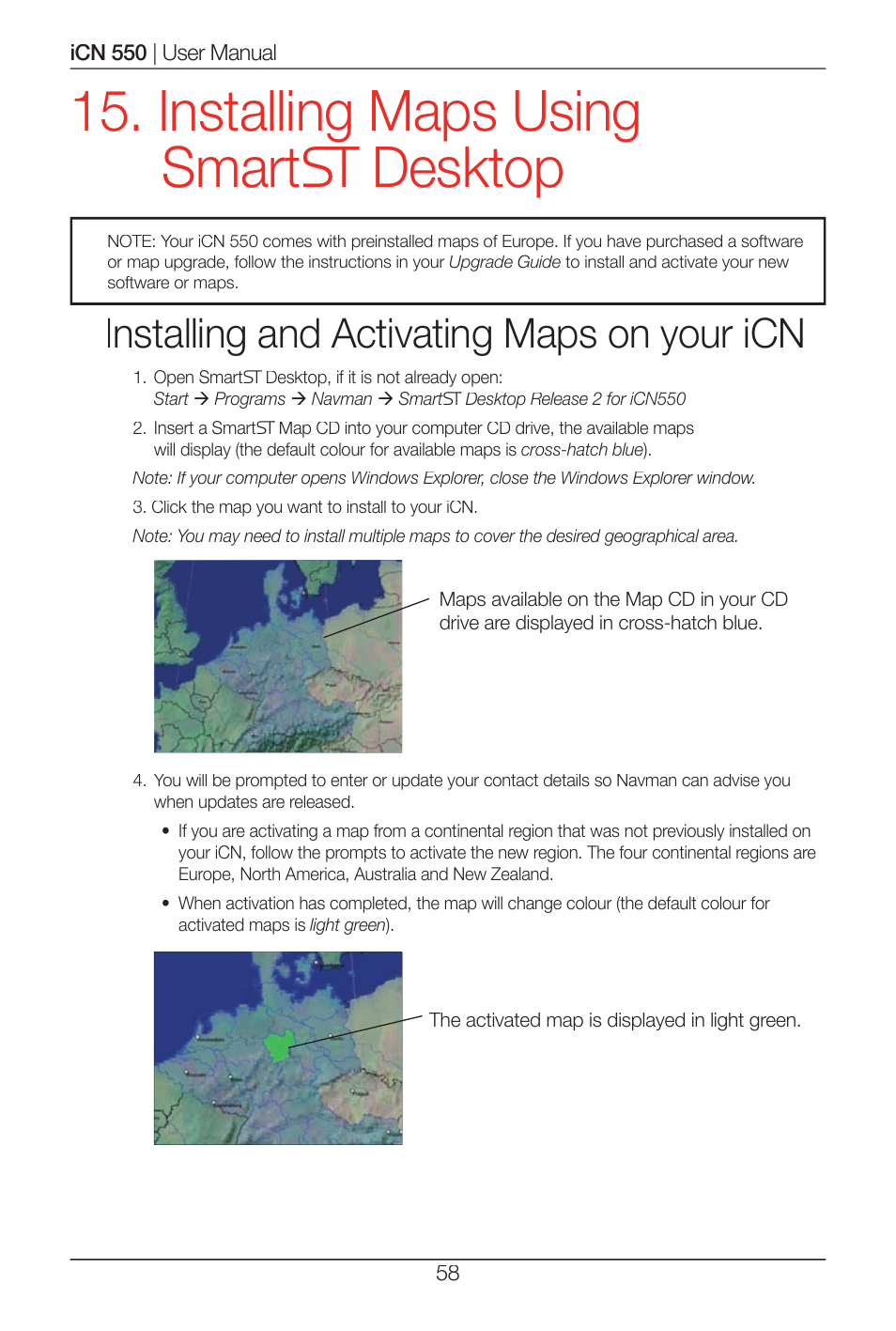 Installing maps using smart desktop, Installing and activating maps on your icn | Navman ICN 550 User Manual | Page 58 / 72