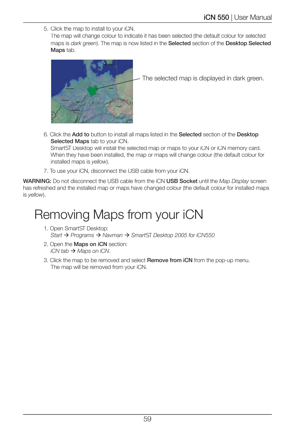 Removing maps from your icn | Navman ICN 550 User Manual | Page 59 / 72