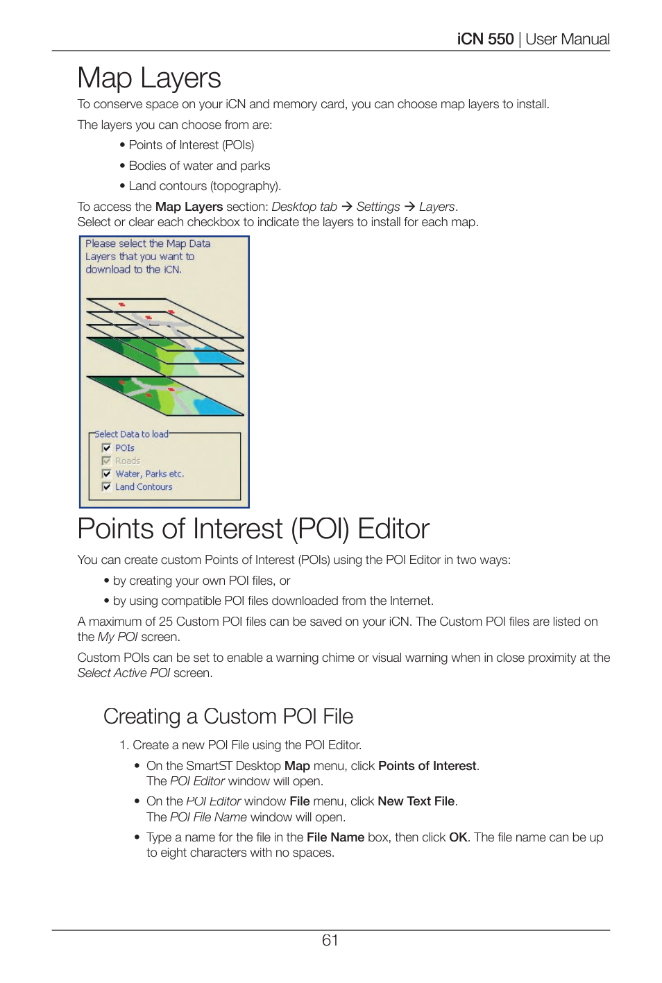Map layers, Points of interest (poi) editor, Creating a custom poi file | Navman ICN 550 User Manual | Page 61 / 72