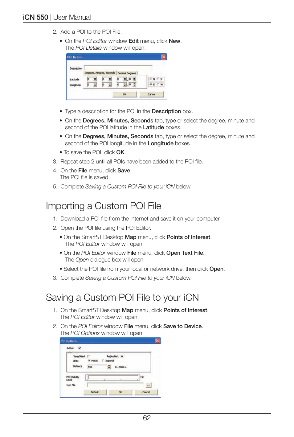 Importing a custom poi file, Saving a custom poi file to your icn | Navman ICN 550 User Manual | Page 62 / 72