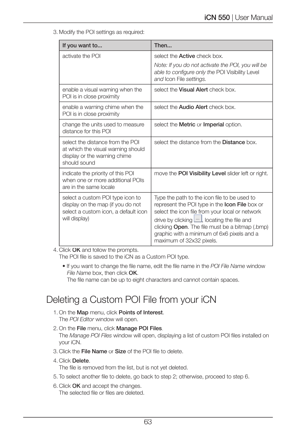 Deleting a custom poi file from your icn | Navman ICN 550 User Manual | Page 63 / 72