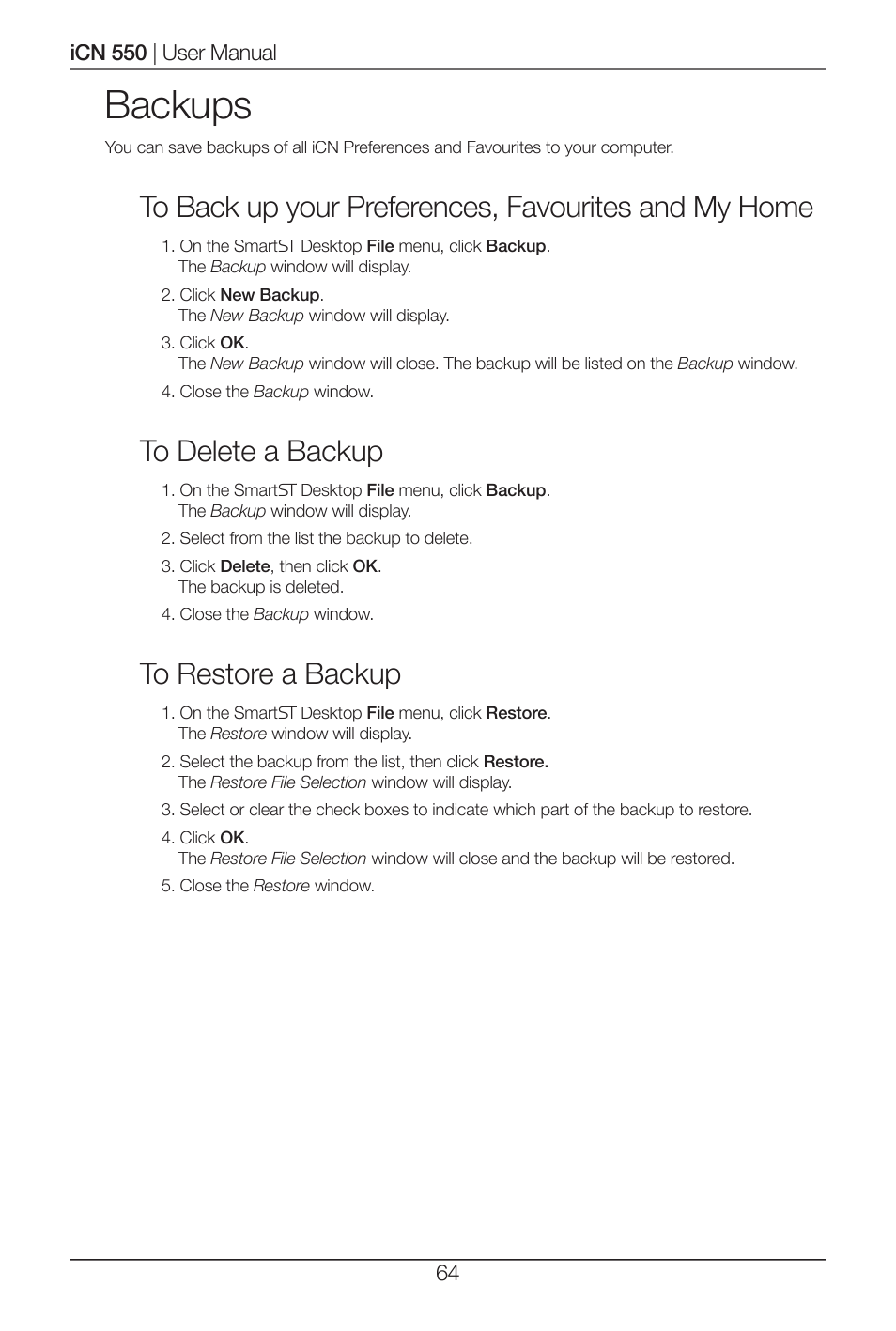 Backups | Navman ICN 550 User Manual | Page 64 / 72
