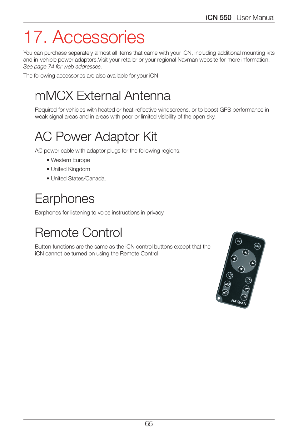 Accessories, Mmcx external antenna, Ac power adaptor kit | Earphones, Remote control | Navman ICN 550 User Manual | Page 65 / 72